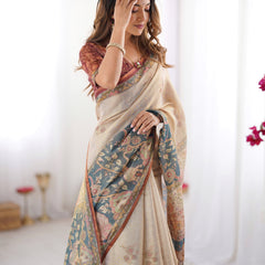 Beige Handloom Cotton Saree with Maroon Blouse and Multicolor Royal Procession Pallu