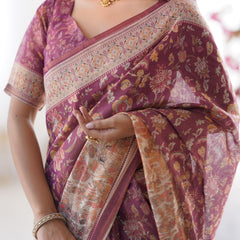Plum Handloom Cotton Saree with Floral Print, Mythical Border & Tassels