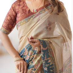 Beige Handloom Cotton Saree with Maroon Blouse and Multicolor Royal Procession Pallu