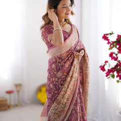 Plum Handloom Cotton Saree with Floral Print, Mythical Border & Tassels