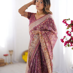 Plum Handloom Cotton Saree with Floral Print, Mythical Border & Tassels