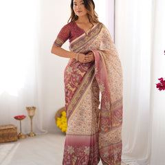 Beige & Mauve Handloom Cotton Saree with Floral Jaal, Peacock Motifs & Storytelling Pallu
