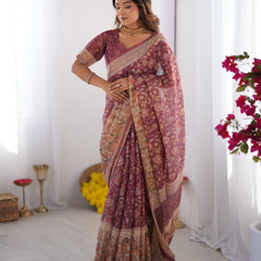 Plum Handloom Cotton Saree with Floral Print, Mythical Border & Tassels