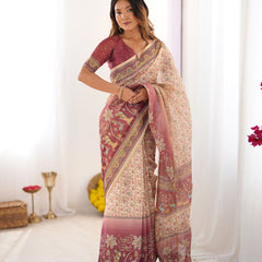 Beige & Mauve Handloom Cotton Saree with Floral Jaal, Peacock Motifs & Storytelling Pallu