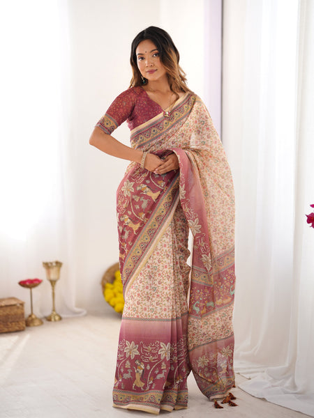 Beige & Mauve Handloom Cotton Saree with Floral Jaal, Peacock Motifs & Storytelling Pallu