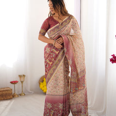 Beige & Mauve Handloom Cotton Saree with Floral Jaal, Peacock Motifs & Storytelling Pallu