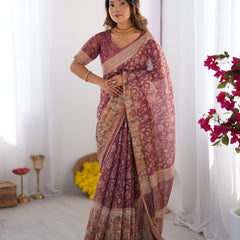 Plum Handloom Cotton Saree with Floral Print, Mythical Border & Tassels