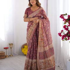 Plum Handloom Cotton Saree with Floral Print, Mythical Border & Tassels