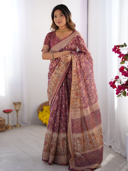 Plum Handloom Cotton Saree with Floral Print, Mythical Border & Tassels