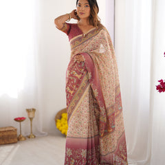 Beige & Mauve Handloom Cotton Saree with Floral Jaal, Peacock Motifs & Storytelling Pallu