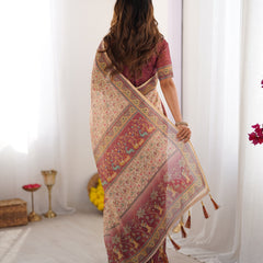 Beige & Mauve Handloom Cotton Saree with Floral Jaal, Peacock Motifs & Storytelling Pallu