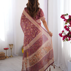 Plum Handloom Cotton Saree with Floral Print, Mythical Border & Tassels