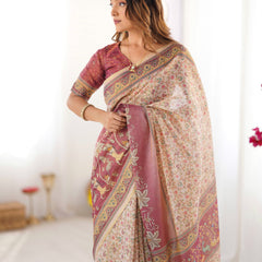 Beige & Mauve Handloom Cotton Saree with Floral Jaal, Peacock Motifs & Storytelling Pallu