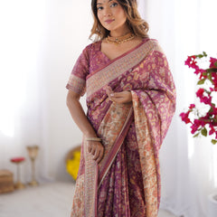 Plum Handloom Cotton Saree with Floral Print, Mythical Border & Tassels