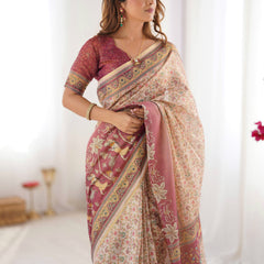 Beige & Mauve Handloom Cotton Saree with Floral Jaal, Peacock Motifs & Storytelling Pallu