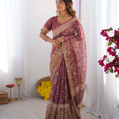Plum Handloom Cotton Saree with Floral Print, Mythical Border & Tassels