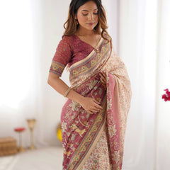 Beige & Mauve Handloom Cotton Saree with Floral Jaal, Peacock Motifs & Storytelling Pallu