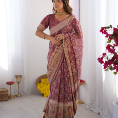 Plum Handloom Cotton Saree with Floral Print, Mythical Border & Tassels