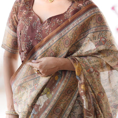 Beige & Brown Handloom Cotton Saree with Mythical Kalamkari Pallu and Elephant Motifs