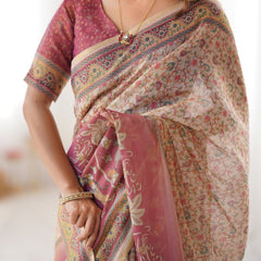 Beige & Mauve Handloom Cotton Saree with Floral Jaal, Peacock Motifs & Storytelling Pallu