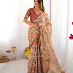 Beige Handloom Cotton Saree with Rust Blouse and Village Celebration Print