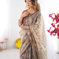 Beige & Brown Handloom Cotton Saree with Mythical Kalamkari Pallu and Elephant Motifs