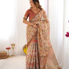 Beige Handloom Cotton Saree with Rust Blouse and Village Celebration Print