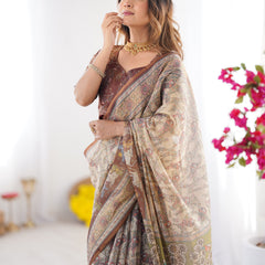 Beige & Brown Handloom Cotton Saree with Mythical Kalamkari Pallu and Elephant Motifs