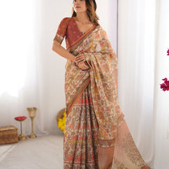 Beige Handloom Cotton Saree with Rust Blouse and Village Celebration Print