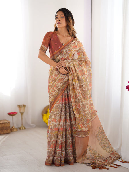 Beige Handloom Cotton Saree with Rust Blouse and Village Celebration Print