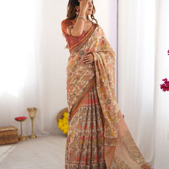 Beige Handloom Cotton Saree with Rust Blouse and Village Celebration Print