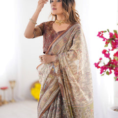 Beige & Brown Handloom Cotton Saree with Mythical Kalamkari Pallu and Elephant Motifs