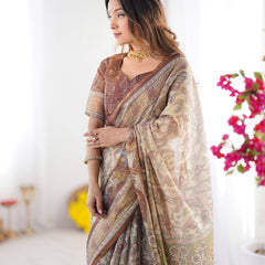 Beige & Brown Handloom Cotton Saree with Mythical Kalamkari Pallu and Elephant Motifs