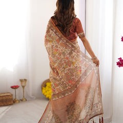 Beige Handloom Cotton Saree with Rust Blouse and Village Celebration Print