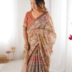 Beige Handloom Cotton Saree with Rust Blouse and Village Celebration Print