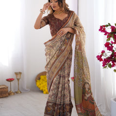 Beige & Brown Handloom Cotton Saree with Mythical Kalamkari Pallu and Elephant Motifs