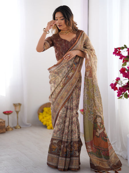 Beige & Brown Handloom Cotton Saree with Mythical Kalamkari Pallu and Elephant Motifs