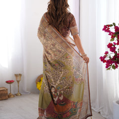 Beige & Brown Handloom Cotton Saree with Mythical Kalamkari Pallu and Elephant Motifs
