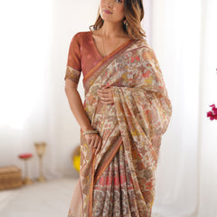 Beige Handloom Cotton Saree with Rust Blouse and Village Celebration Print