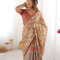 Beige Handloom Cotton Saree with Rust Blouse and Village Celebration Print