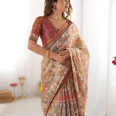 Beige Handloom Cotton Saree with Rust Blouse and Village Celebration Print