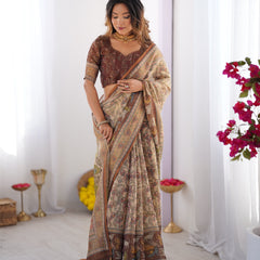 Beige & Brown Handloom Cotton Saree with Mythical Kalamkari Pallu and Elephant Motifs