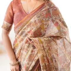 Beige Handloom Cotton Saree with Rust Blouse and Village Celebration Print