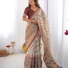 Beige & Maroon Handloom Cotton Saree with Multicolor Floral Print and Majestic Bird Art Pallu
