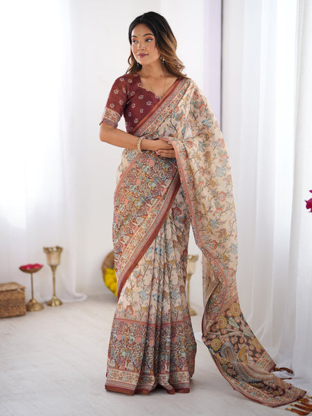 Beige & Maroon Handloom Cotton Saree with Multicolor Floral Print and Majestic Bird Art Pallu