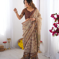 Beige & Brown Handloom Cotton Saree with Mythical Kalamkari Pallu and Elephant Motifs
