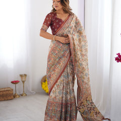 Beige & Maroon Handloom Cotton Saree with Multicolor Floral Print and Majestic Bird Art Pallu