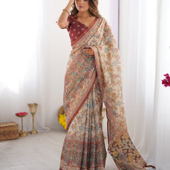 Beige & Maroon Handloom Cotton Saree with Multicolor Floral Print and Majestic Bird Art Pallu
