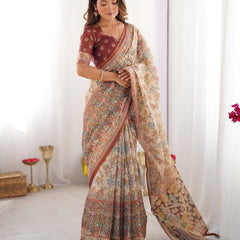 Beige & Maroon Handloom Cotton Saree with Multicolor Floral Print and Majestic Bird Art Pallu