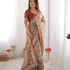 Beige & Maroon Handloom Cotton Saree with Multicolor Floral Print and Majestic Bird Art Pallu